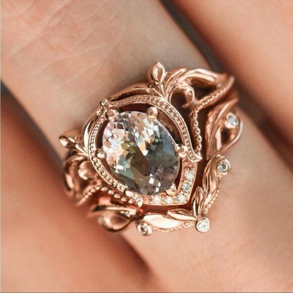 Vintage Rose Gold Oval Diamond Art Deco Ring - Picture 2 of 11